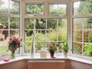 View of garden through bay window with flowers